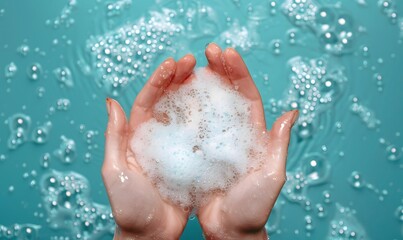 Fototapeta premium hands cradling a small amount of foam with water drops and bubbles against, Generative AI
