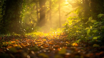 Obraz premium Sunlit forest path covered with autumn leaves. Warm sunlight filters through the trees, creating a serene and peaceful atmosphere in the woods.