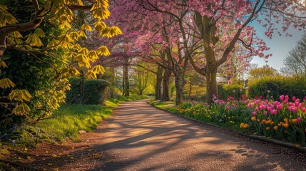 Naklejka premium Picturesque Garden Path with Blossoming Trees and Vibrant Flowers
