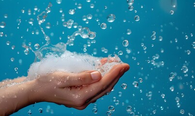 Fototapeta premium hands cradling a small amount of foam with water drops and bubbles against, Generative AI