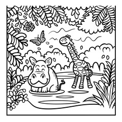 Obraz premium A giraffe and a hippo are in a forest for kid painting