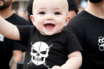 an image of a baby attending a heavy metal concert, whute, caucasian, Music, Loud, Crowd, Rock, Punk, Band, Stage, Lights, happy, Noise, Festival, Performance, Audience, Excitement, Energy, Rocke