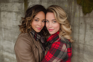 Fototapeta premium Lesbian couple hugging in outdoor setting. Women in plaid jackets embracing each other against a rustic background.