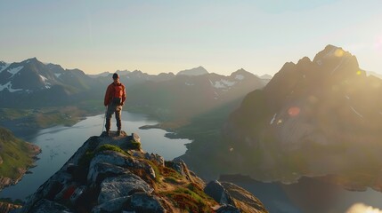 Amazing epic shot of young man hiker stand on top of mountain after long difficult hike in Lofoten Islands in Norway Incredible summer views of scandinavian travel lifestyle Epic lands : Generative AI