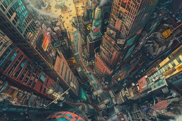 Fototapeta premium A colorful and vibrant aerial view of a bustling cityscape with towering skyscrapers, busy streets, and vibrant lights creating an urban atmosphere.