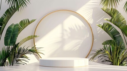 Elegant green palm leaves with white podium and golden round arch