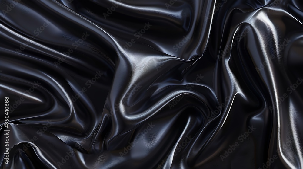 Leinwandbilder Black gray satin dark fabric texture luxurious shiny that is abstract silk cloth panorama background with patterns soft waves blur beautiful : Generative AI