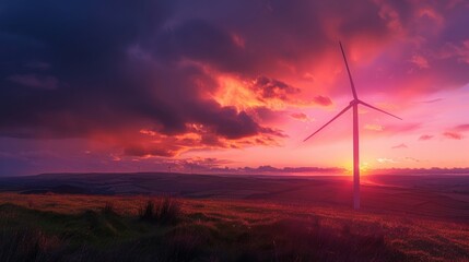 Obraz premium Wind turbine in dramatic sunset sky, sustainable energy concept with vibrant colors