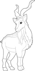 Outlined Markhor Animal Cartoon Character. Vector Hand Drawn Illustration Isolated On Transparent Background