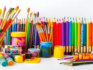A colorful assortment of art supplies, including paint, pencils, and brushes