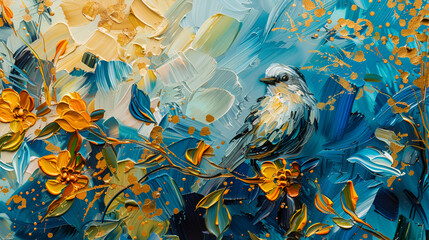 Little beautiful bird with hand draw and paint color background, Abstract painting of a seagull bird on a colorful background, a painting of a colorful leaf tree




