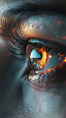 Cybernetic eye emitting light, futuristic technology concept