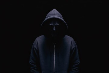 Mysterious person wearing a black hoodie standing in the middle of darkness.