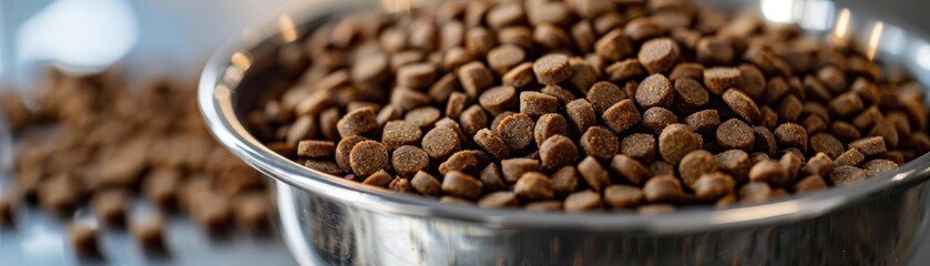 Closeup of dry dog food pellets in a stainless steel bowl, highlighting texture and abundance, perfect for pet nutrition themes