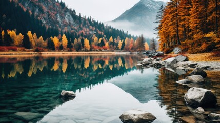 the lake view in autumn is full of color