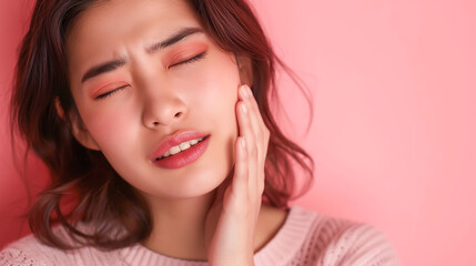 Fototapeta premium A beautiful woman suffering from a severe toothache. She is holding her cheek with her hand, her face clearly expressing pain and discomfort. The background is a soft, warm pink
