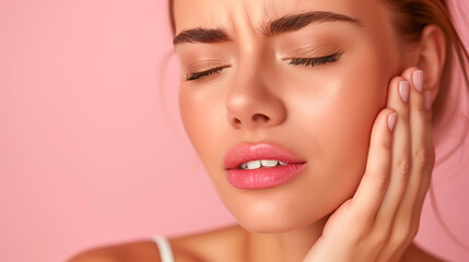 Obraz premium A beautiful woman suffering from a severe toothache. She is holding her cheek with her hand, her face clearly expressing pain and discomfort. The background is a soft, warm pink