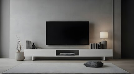Minimalist modern white TV shelf, decorations