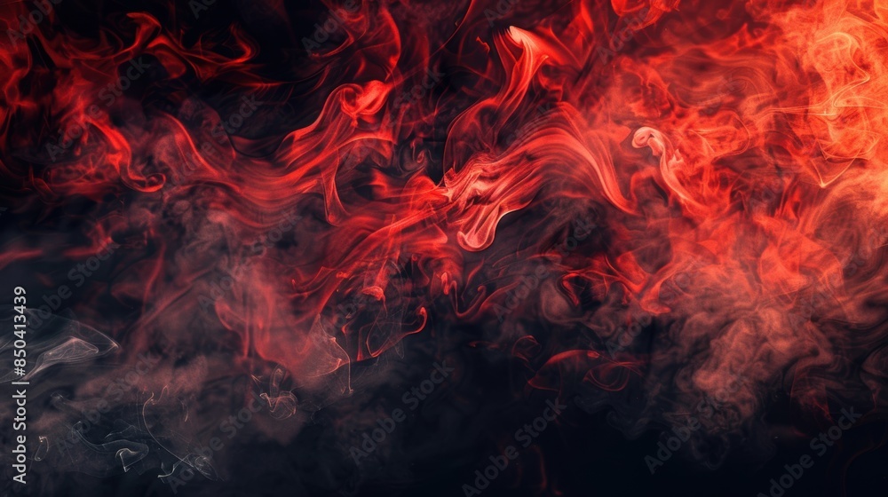 Poster abstract image of fiery red smoke swirling against a dark background, creating a dramatic and myster