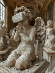 Naklejka premium Marble sculpture of cupid wearing VR glasses
