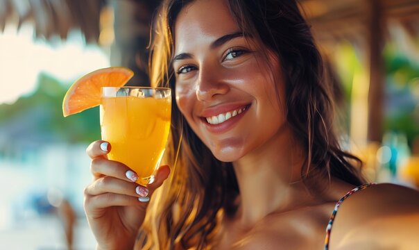 young woman at a resort drinking a fruity cocktail and smiling, Generative AI