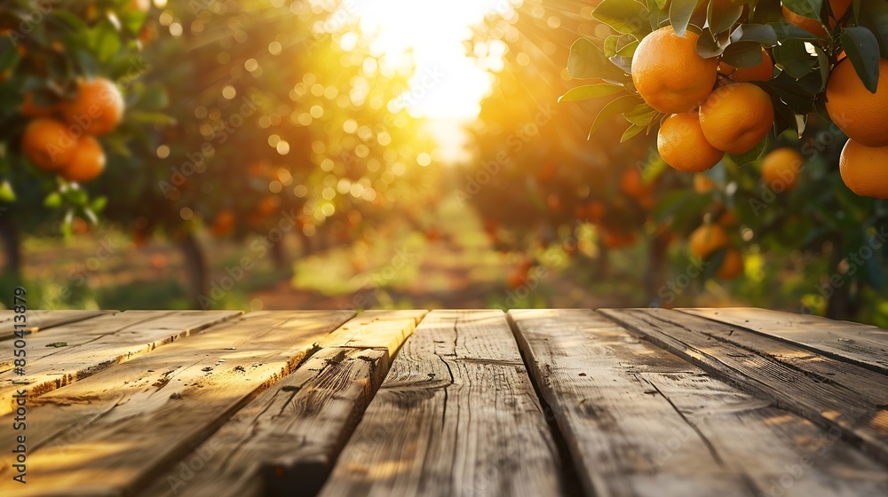 Poster Empty wood table with free space over orange trees orange field background For product display montage : Generative AI