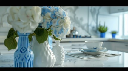 Marble countertop with vases and flowers in provence style apartment Kitchen island and dining table with tableware Blue furniture and white walls in classic interior design room : Generative AI