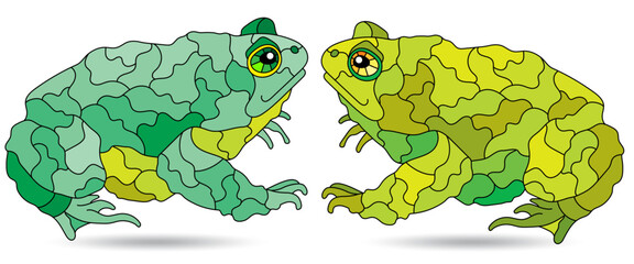 A set of illustrations in the style of stained glass with toads , animals isolated on a white background