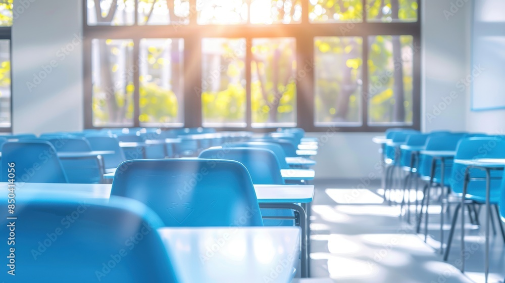 Poster a bright, sunlit empty classroom with blue chairs and desks arranged neatly, creating an inviting le