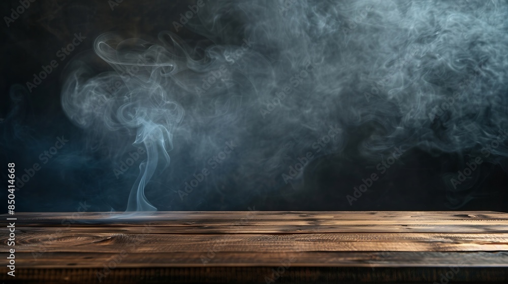 Poster On a black background an empty wooden table with smoke floats up Empty space for displaying your products with a smoke float up on a dark background Space available for displaying your : Generative AI