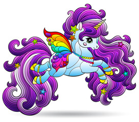 Stained glass illustration with cute cartoon unicorn , animal isolated on a white background