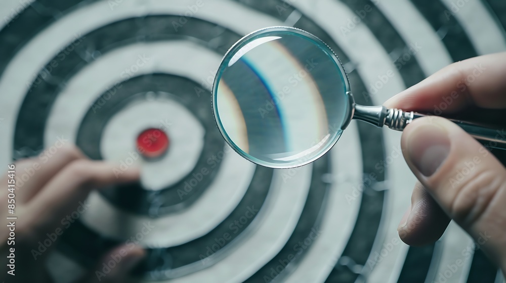 Poster unlock potential of business success stairs dart and dartboard targets magnifying glass with hand on
