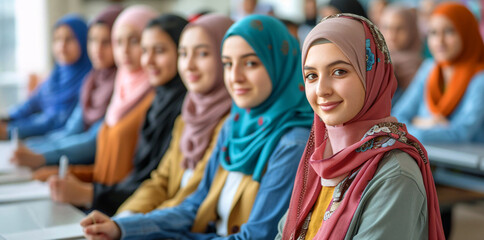 Group of muslim women wearing hijab sitting in a classroom.