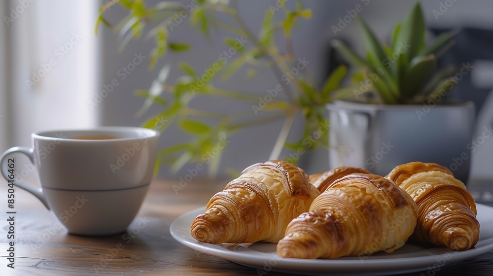 Poster breakfast view a bunch of croissant and a cup of coffee with cafe vibe background : generative ai