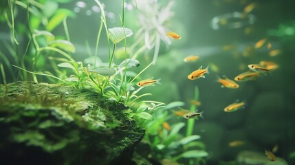 Naklejka premium Freshwater aquarium with snags green stones tropical fish and water plants : Generative AI