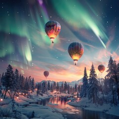 Northern lights casting a glow over New Year celebration, balloons floating, clear night sky, ideal for festive advertisements.