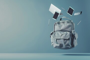 Grey backpack with travel accessories including laptop, tablet, and smartphone floating creatively