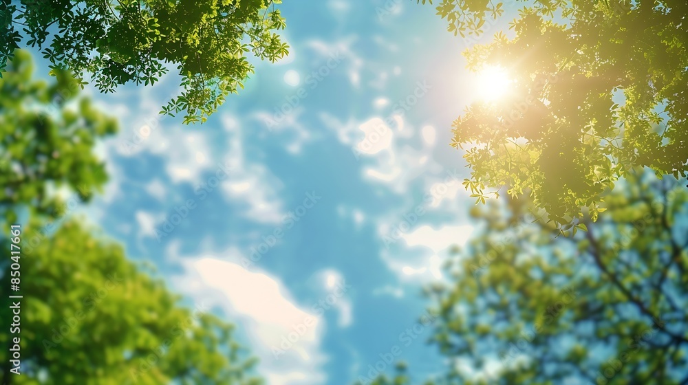 Poster beautiful blurred background image of spring nature with surrounded by trees against a blue sky with