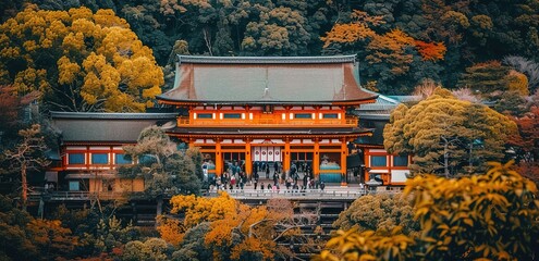 An orange temple at the top of a hill with a dense forest in the background - Powered by Adobe