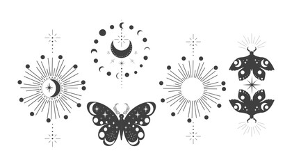 Magic sacred decoration esoteric tattoo moth or butterfly dark line, border celelstial mystery esoteric decoration with moth or butterfly, sun, stars and moon on white background.