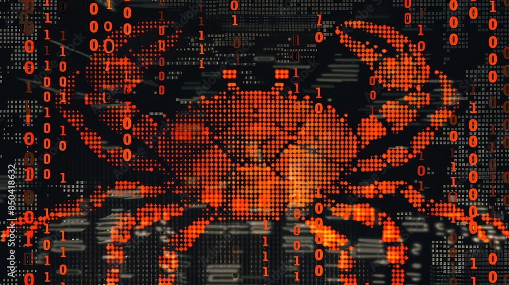 Poster digital crab formed by glowing orange binary code on black backdrop