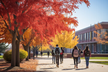 Photorealistic Image of Students Walking Through a College Campus in Autumn - Highlighting the Vibrant Fall Foliage and University Life