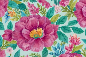 Lush floral pattern with vivid flowers and leaves, background for invitation, mother's day card