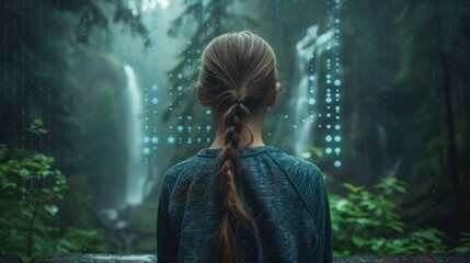 Fototapeta premium Negative effects of technology on child development. Girl looking at pixelated nature. Technology versus nature, the impact of the digital age on children. Virtual reality and natural world.