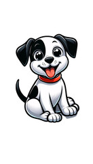 Naklejka premium A cartoon puppy sitting playfully with a joyful expression on a transparent background. The puppy has a smooth white coat with distinct black spots