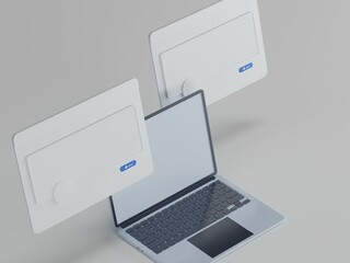 Laptop with floating social media UI 3d illustration with white background	
