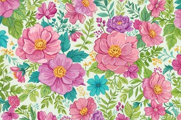 Fototapeta premium Lush floral pattern with vivid flowers and leaves, background for invitation, mother's day card