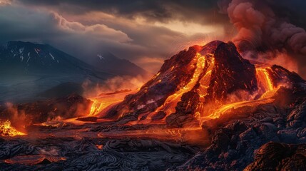 Fototapeta premium Captivating volcanic eruption, intense heat, fiery lava, explosive activity.