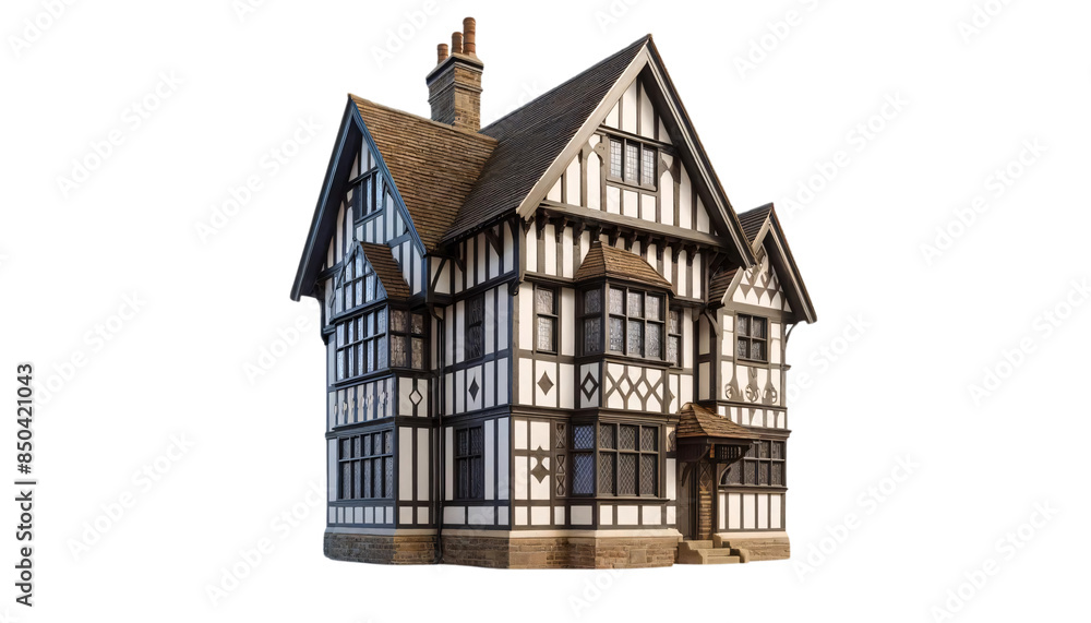 Poster a realistic 3d rendering of a traditional tudor style house set against a transparent background. th