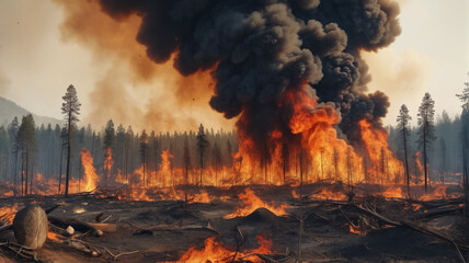 Fototapeta premium Devastating wildfires sweeping across the planet, fueled by climate change and human negligence, Generative AI